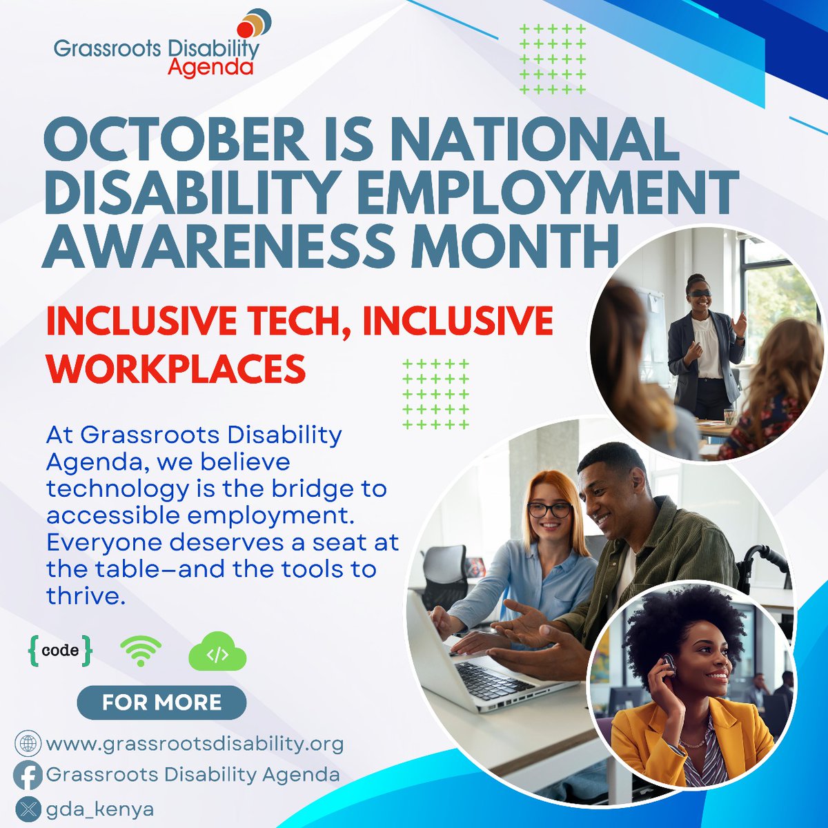 gda_kenya's tweet photo. "This October, we celebrate National Disability Employment Awareness Month! 🌍💻 At Grassroots Disability Agenda, we believe technology opens doors to accessible employment and inclusive workplaces. Everyone deserves a seat at the table. #TechForDisabilityRights https://t.co/0G9jhnDgxB