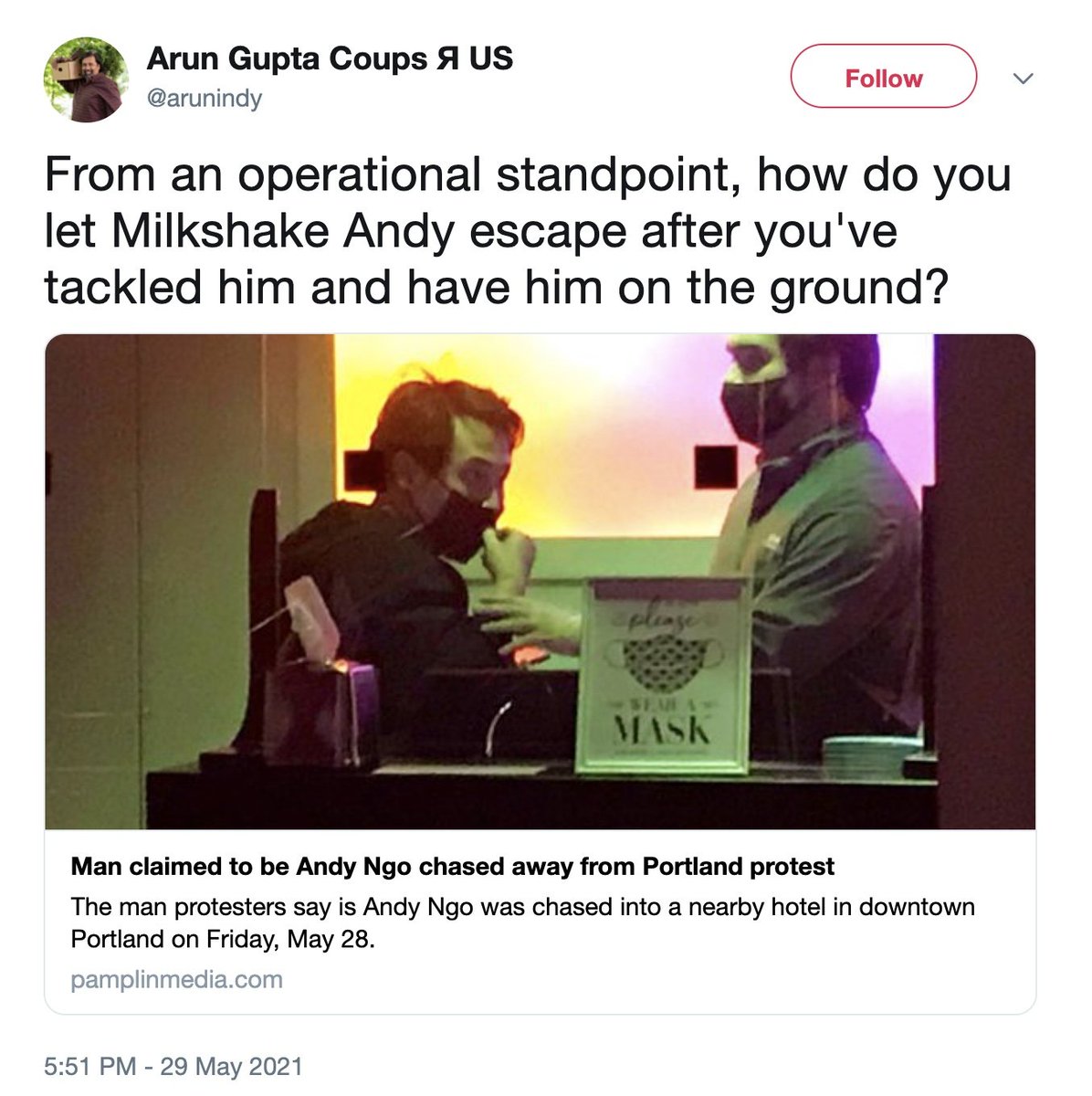 MrAndyNgo's tweet image. On Twitter, Antifa were coordinating in real-time how to finish me off at the hotel and hospital after I was beaten. 

Self-identified journalist Arun Gupta @arunindy celebrated the attack and was upset I wasn&apos;t murdered. He asks how Antifa failed to keep their chokehold on me…