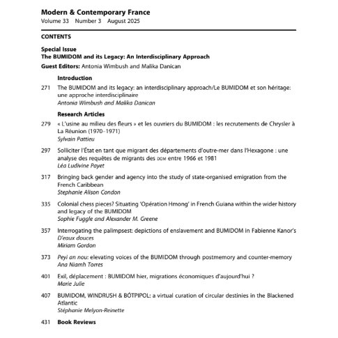 Modern & Contemporary France (@francemodern) on Twitter photo Our 33.3 special issue on "The BUMIDOM and its Legacy" guest edited by <a href="/wimbush_antonia/">Dr Antonia Wimbush @awimbush.bsky.social</a> and Malika Danican is now available online !
tandfonline.com/toc/cmcf20/cur…
<a href="/asmcf/">ASMCF</a> <a href="/tandfhss/">T&F Social Sciences and Humanities</a> Our 33.3 special issue on "The BUMIDOM and its Legacy" guest edited by <a href="/wimbush_antonia/">Dr Antonia Wimbush @awimbush.bsky.social</a> and Malika Danican is now available online !
tandfonline.com/toc/cmcf20/cur…
<a href="/asmcf/">ASMCF</a> <a href="/tandfhss/">T&F Social Sciences and Humanities</a>