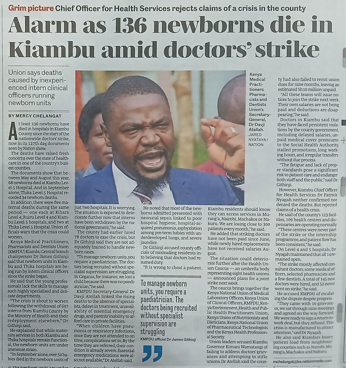 136 newborns have currently died because of the doctors strike in Kiambu. The governor has let this go on for 4 months refusing to pay the medical doctor’see salaries, absorb UHC staff or give healthcare workers medical insurance. The worst is yet to come.