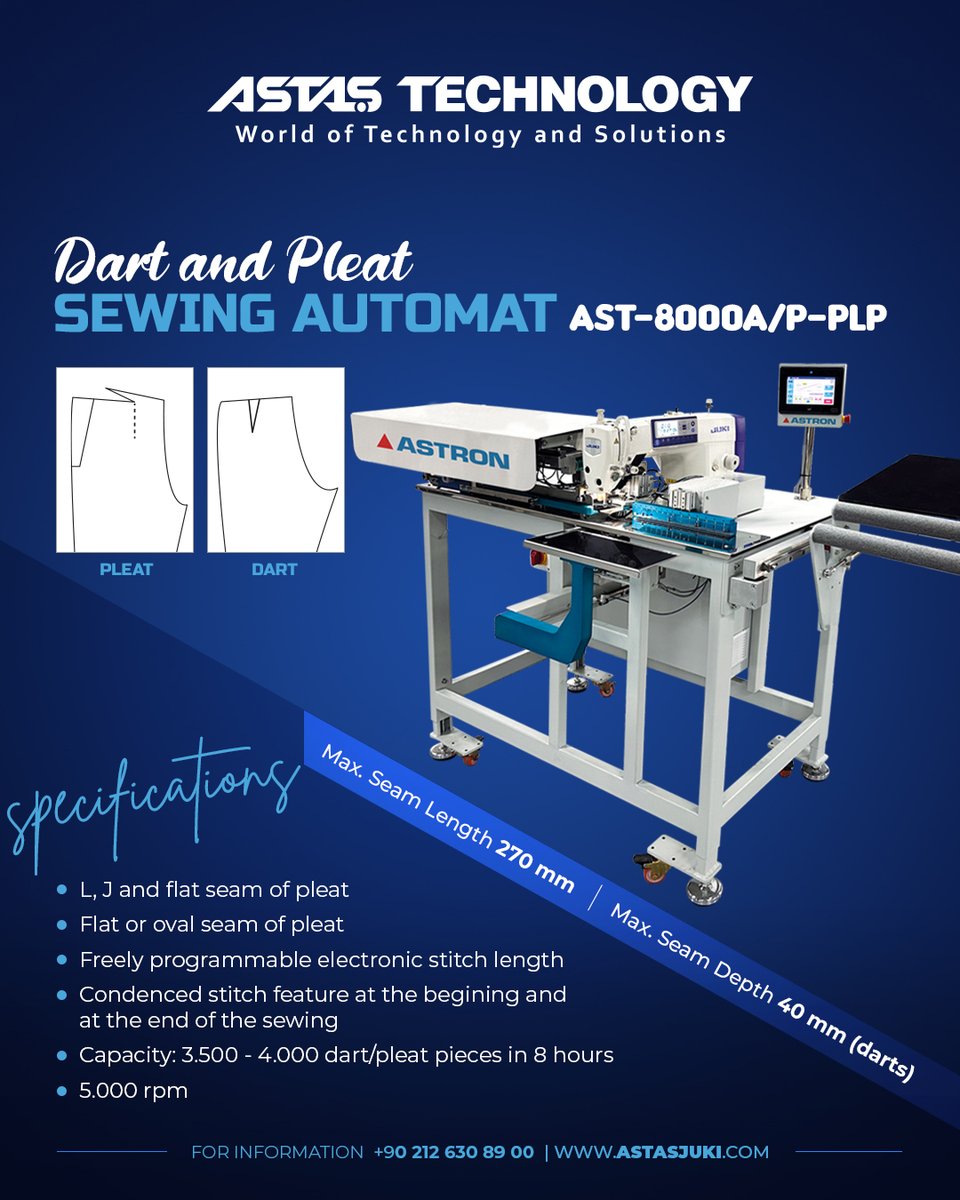 AstasTechnology's tweet image. Dart and Pleat Sewing Automat 🔺AST-8000A/P-PLP

🌟Max. Seam Length 270 mm
🌟Max. Seam Depth 40 mm (darts)

For information👉🏼 +90 212 630 89 00  |  astasjuki.com

#pleatmachine #dartmachine #sewingautomation  #sewingtechnology #textilemachinery #pantsproduction