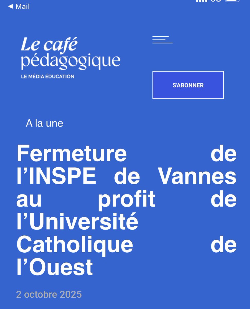 Fermeture d’une INSPE au profit de l’Université Catholique de l’Ouest
➡️destruction organisée: concurrence du privé,affaiblissement du service public de la formation, financement du privé sous contrat sans contrepartie, laïcité,  rien ne va 
cafepedagogique.net/2025/10/02/fer…