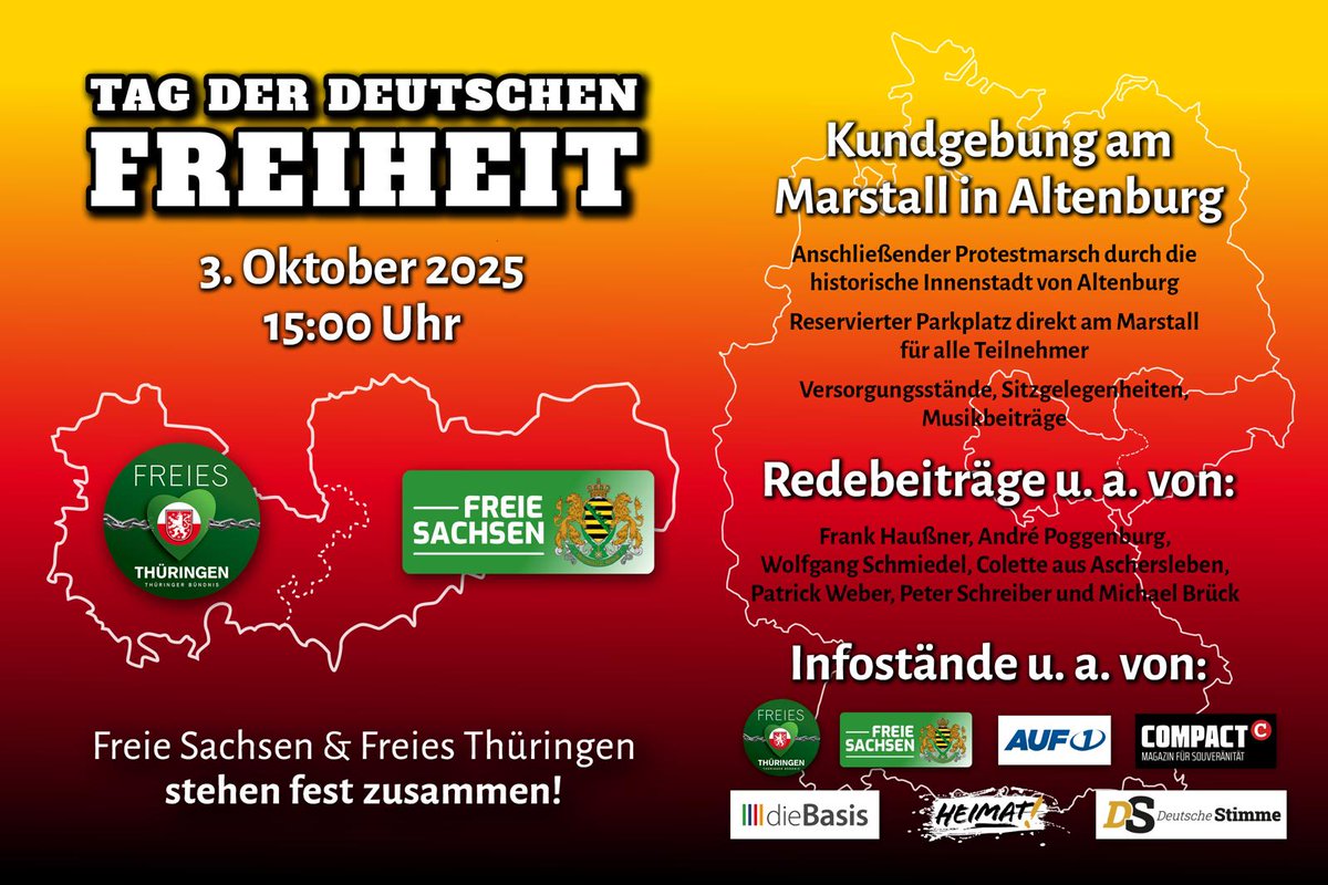 Morgen 15 Uhr #Altenburg zum "TAG DER DEUTSCHEN FREIHEIT" mit tollen Rednern und Gästen ein Zeichen für patriotischen Zusammenhalt setzen!
#DeutschlandZuerst
