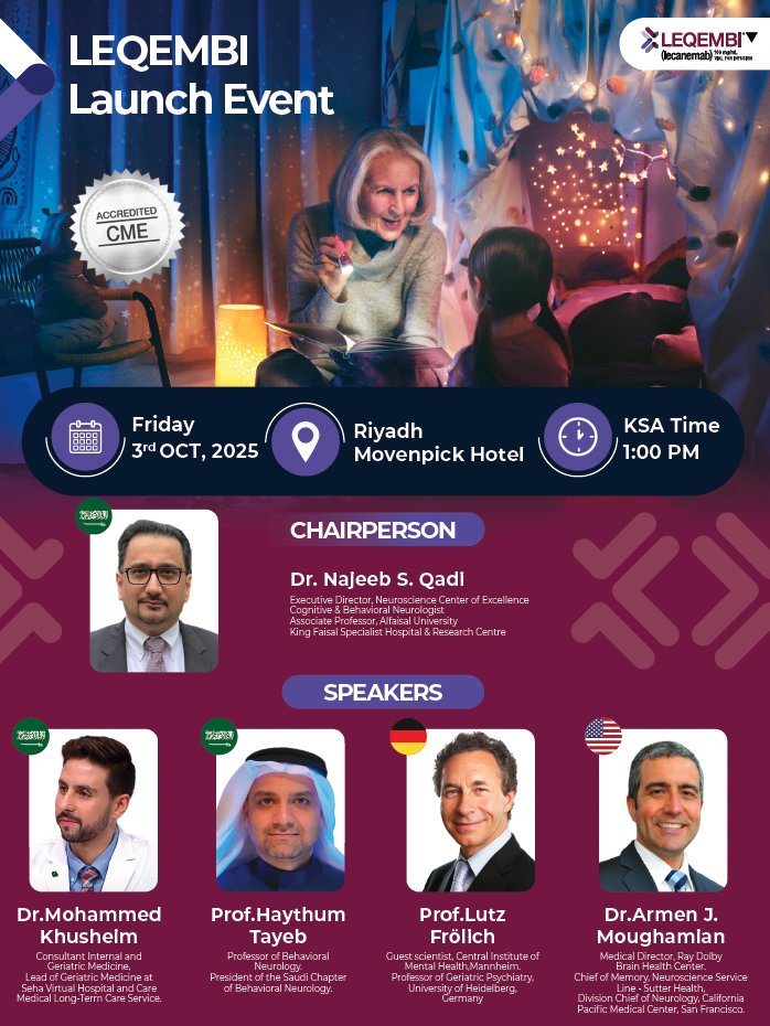 Honored to speak at the Leqembi Launch Event on the burden of Alzheimer’s in Saudi Arabia — Oct 3, 1:00 pm, Mövenpick Hotel. Looking forward to learning from colleagues. #Alzheimers #SaudiArabia #Leqembi