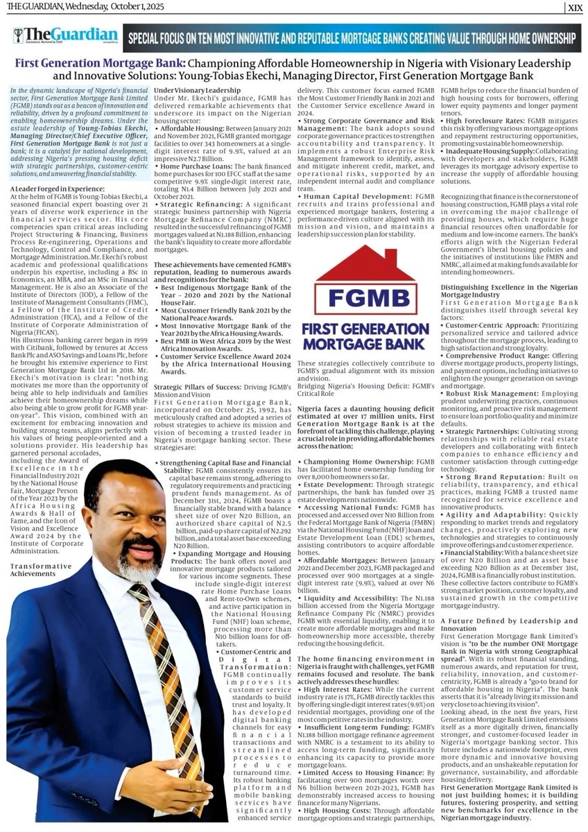 Guardian Newspapers Special Focus- "Celebrating Nigeria's 65th Independence: First Generation Mortgage Bank Leads the Charge in providing Affordable Homeownership"
First Generation Mortgage Bank was featured for being a trailblazer in championing affordable homeownership
#oct1st