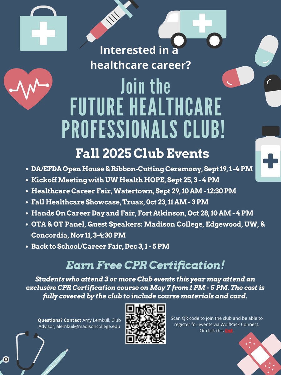 MadisonCollSOHS's tweet image. See below for a complete schedule of events for Fall 2025 that our Future Healthcare Professionals Club (FHP) will be hosting!

@MadisonCollege