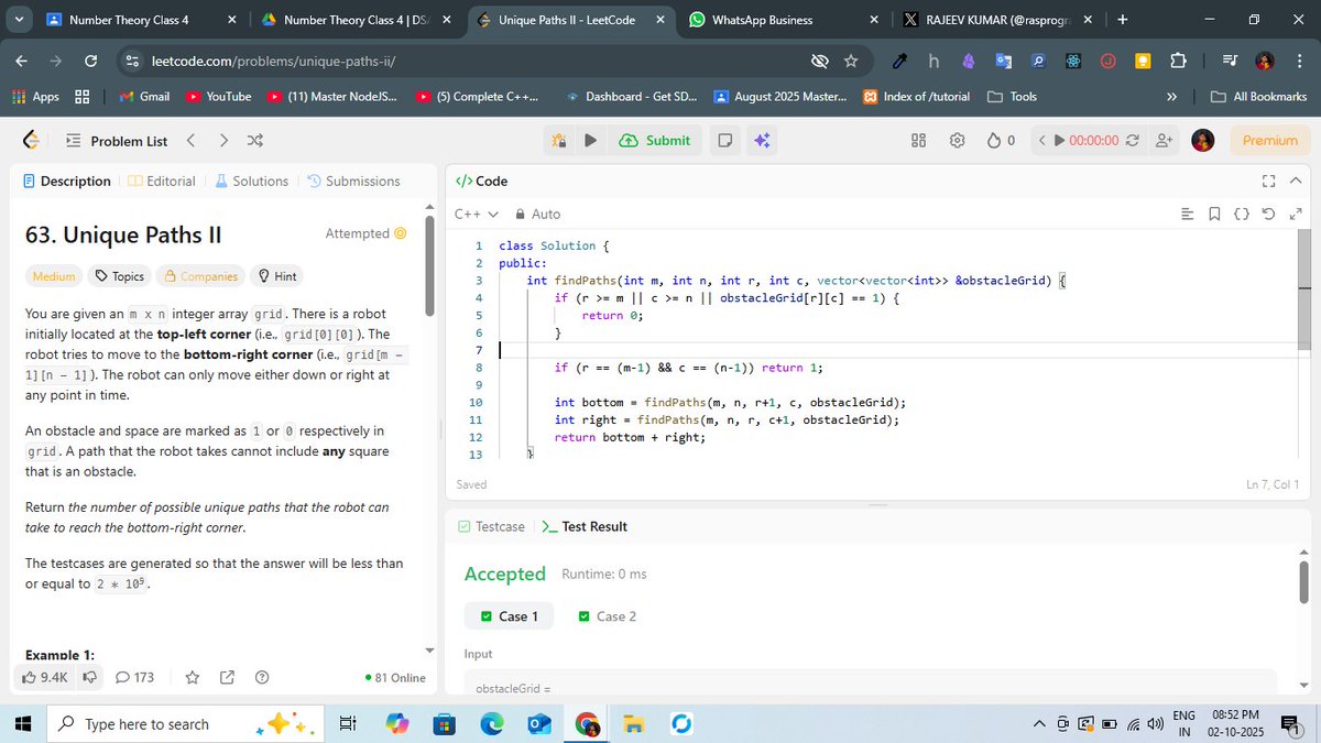 rasprogrammer's tweet image. #Day6 of #100DaysOfCode 🚀
📷 DSA: Cracked Unique Paths using recursion!
🔍 MongoDB: Skipped today.
❓What’s your favorite approach — recursion or DP?
#CodingJourney #DSA #DevCommunity
#MongoDB