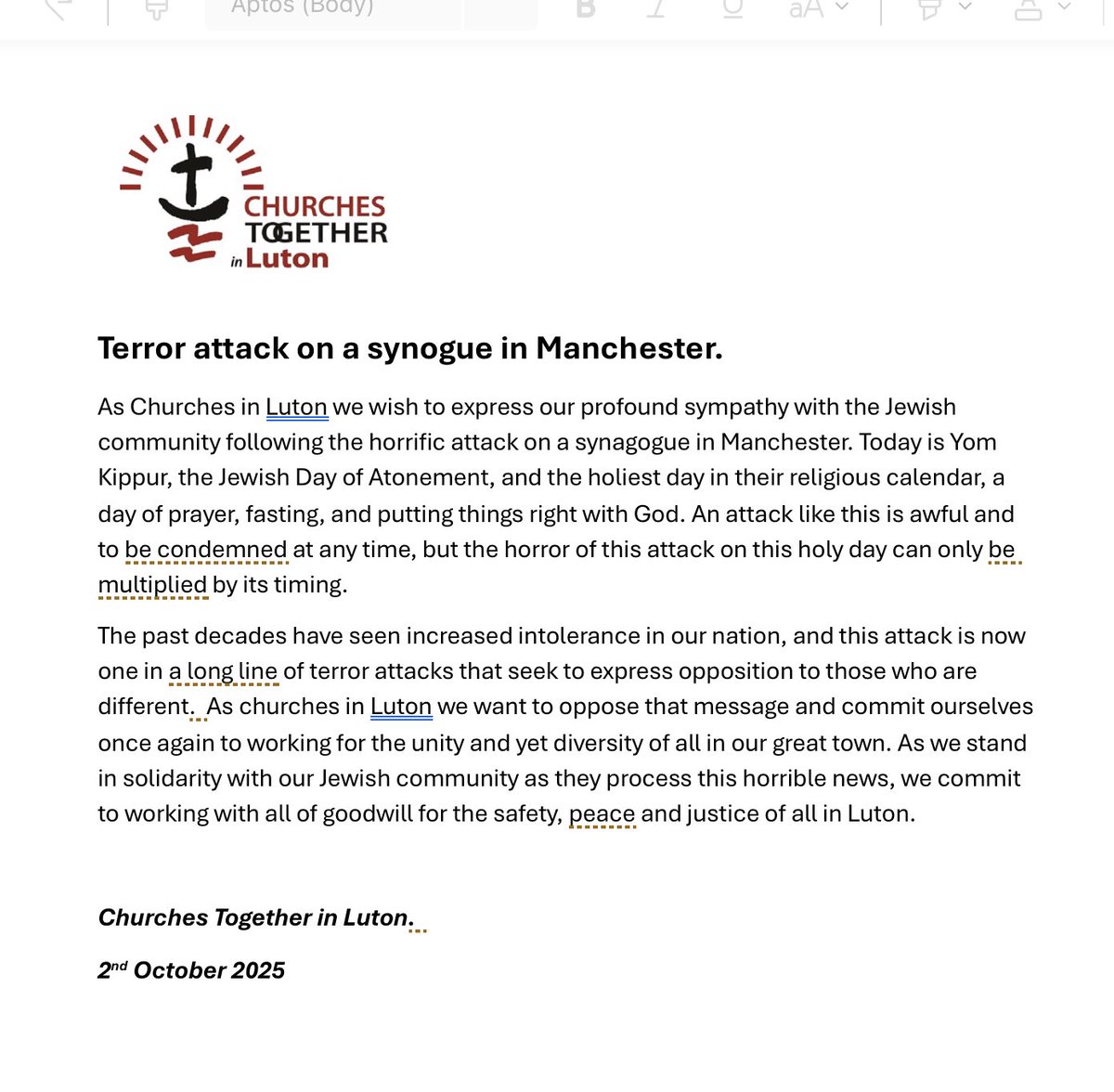 As Churches in Luton we wish to express our profound sympathy with the Jewish community following the horrific attack on a synagogue in Manchester. …