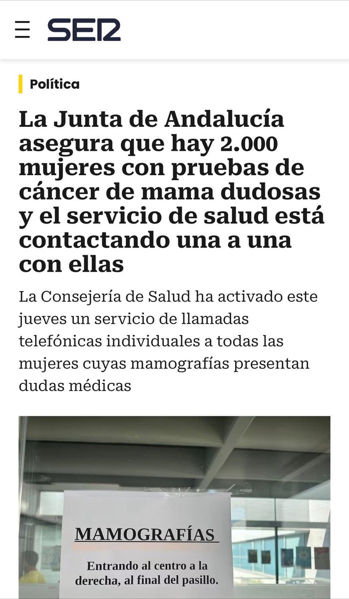 2000 mujeres con pruebas de cáncer de mama en duda. En salud, los retrasos matan. Moreno Bonilla no tiene un problema de gestión: tiene una crisis de credibilidad y de responsabilidad con los ciudadanos de #Andalucía  y los responsables es él y la consejera de salud .