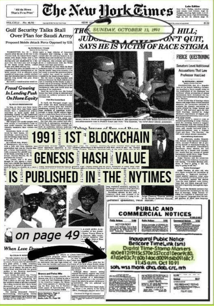 Le premier Hash d'horodatage certifié, publié par Bellcore dans le NYT en 1991. Juste après le la publication du papier d'Haber et Stornetta mentionné par Satoshi.