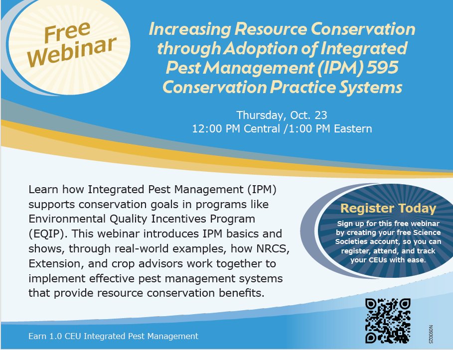 WSSA (@worldofweeds) on Twitter photo 🌱📢 Free Webinar!
Oct 23 | 12 PM CST | “Increasing Resource Conservation through Adoption of IPM 595 Systems”
Learn how #IPM supports conservation & EQIP goals. Details + registration on flyer (QR code included).
#WSSA #weedscience #invasiveplants #themoreyouknow 🌱📢 Free Webinar!
Oct 23 | 12 PM CST | “Increasing Resource Conservation through Adoption of IPM 595 Systems”
Learn how #IPM supports conservation & EQIP goals. Details + registration on flyer (QR code included).
#WSSA #weedscience #invasiveplants #themoreyouknow