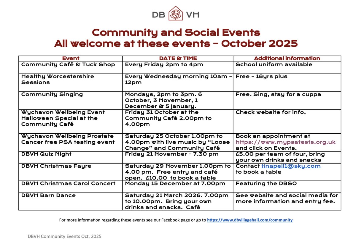 Details of upcoming community and social events at Drakes Broughton Village Hall