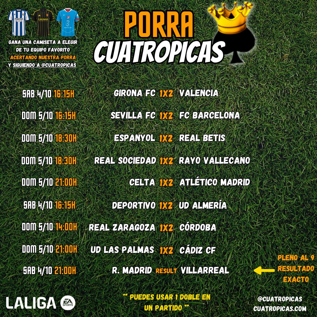 ♠️♠️♠️♠️

Vamos con la #Porra4Picas 🎯 de esta semana.

Acierta los 9 resultados y gana una camiseta 👕🎁 a tu elección. 

Recuerda: 8 resultados a 1X2 🎲 (puedes usar un Doble) y el "Pleno al 9" con el resultado exacto 🧐