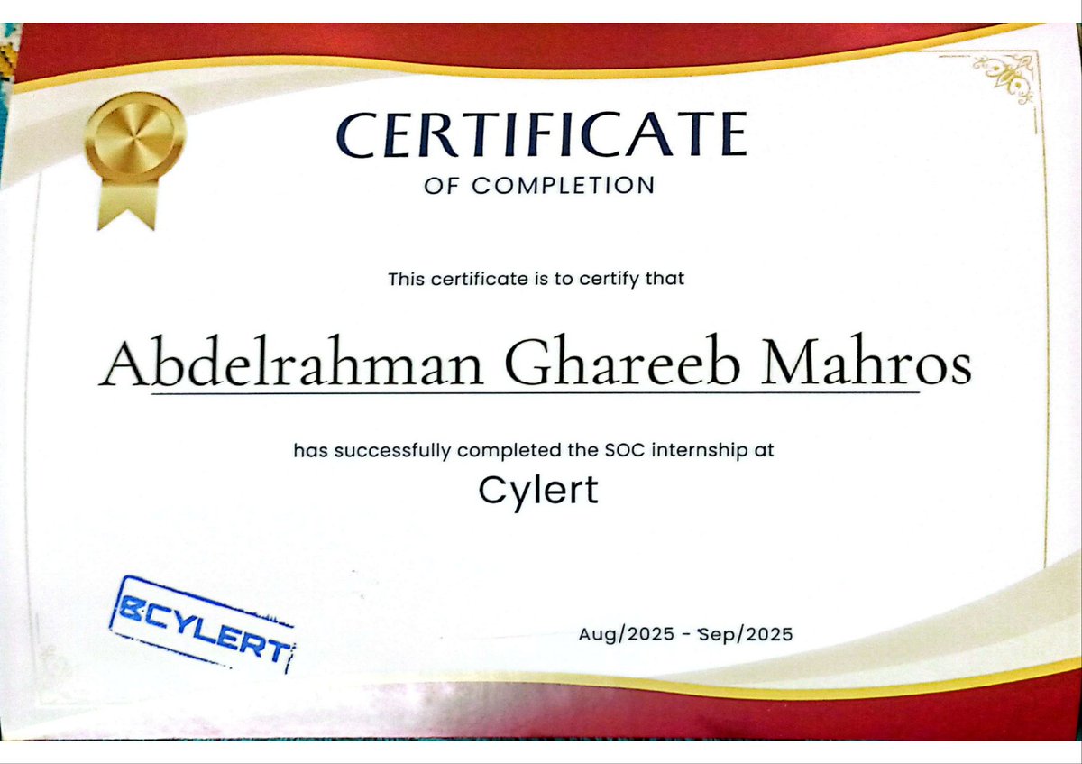 GL1T0H's tweet photo. I'm excited to share that I've completed my SOC internship @ cylert https://t.co/5XpOPCuLj8