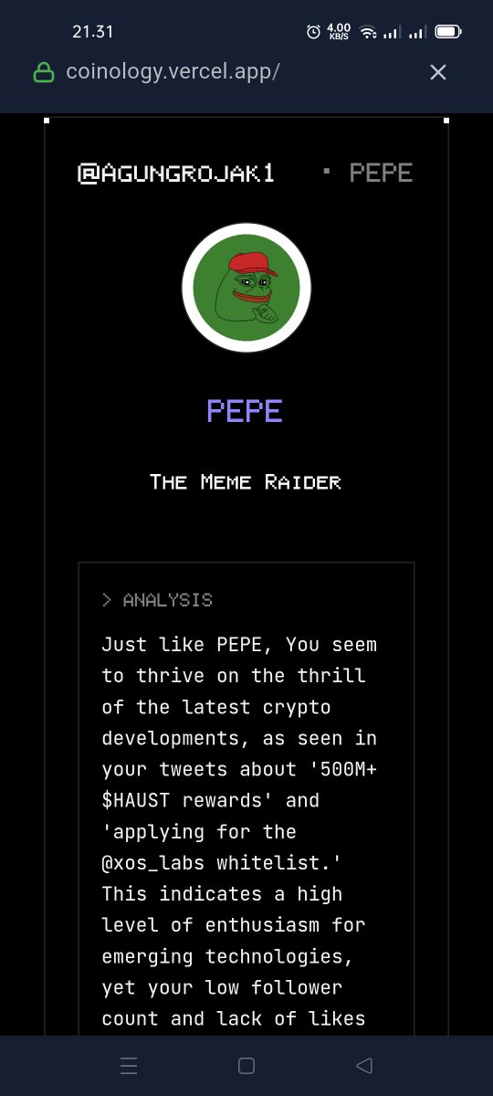 According to my twitter data, I give $PEPE vibes.
Bullish?
Try Coinology on app.vana.com.  <a href="/vana/">vana</a> #datarevolution