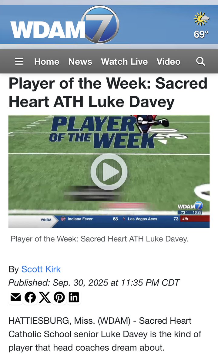 Honored and Grateful to be WDAM Hattiesburg area Player of the Week.  Thank you <a href="/ScottKirkTV/">Scott Kirk</a> 
<a href="/SHSCrusaders/">Sacred Heart Catholic School</a> <a href="/PearlRiverFB/">Pearl River Football</a> <a href="/Nick_Louvier1/">Coach Louvier</a> <a href="/MGCCC_FOOTBALL/">MGCCC Football</a> <a href="/JC_BobcatsFB/">Jones College 🏈</a>