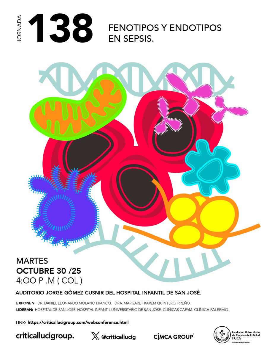 criticallucig's tweet photo. Extendemos la invitación a participar en la Jornada Académica No. 138 FENOTIPOS Y ENDOTIPOS EN SEPSIS
Lugar: Hospital Infantil de San José Auditorio Jorge Gómez Cusnir. 
Fecha: martes, 28 de Octubre de 2025 
Hora: 4 pm ¡Los esperamos! https://t.co/YAbOL7SnlK
