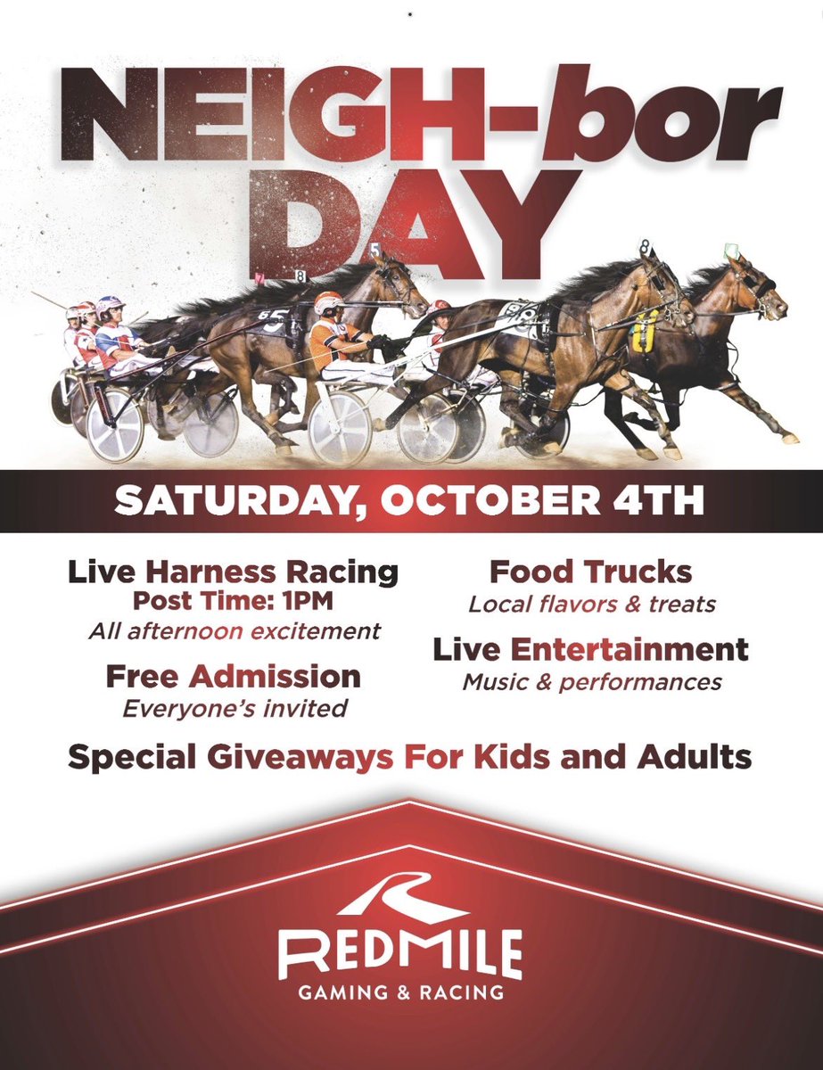 Help our friends at the Red Mile celebrate their 150th anniversary by attending their Neigh-bor Day celebration on Saturday, October 4th. Admission is free and festivities include live music, live racing, food trucks, kids activities and more. 

For more information, visit