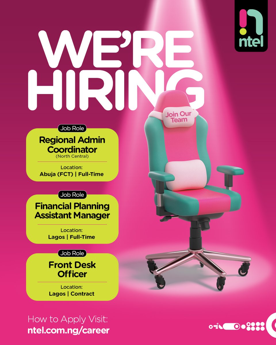 We’re Hiring!

Ready to build the future of telecom with us?
Join our team and be part of a bold vision driving innovation across Nigeria.

To apply, visit ntel website

#NtelCareers #WeAreHiring #JoinOurTeam #NtelNigeria