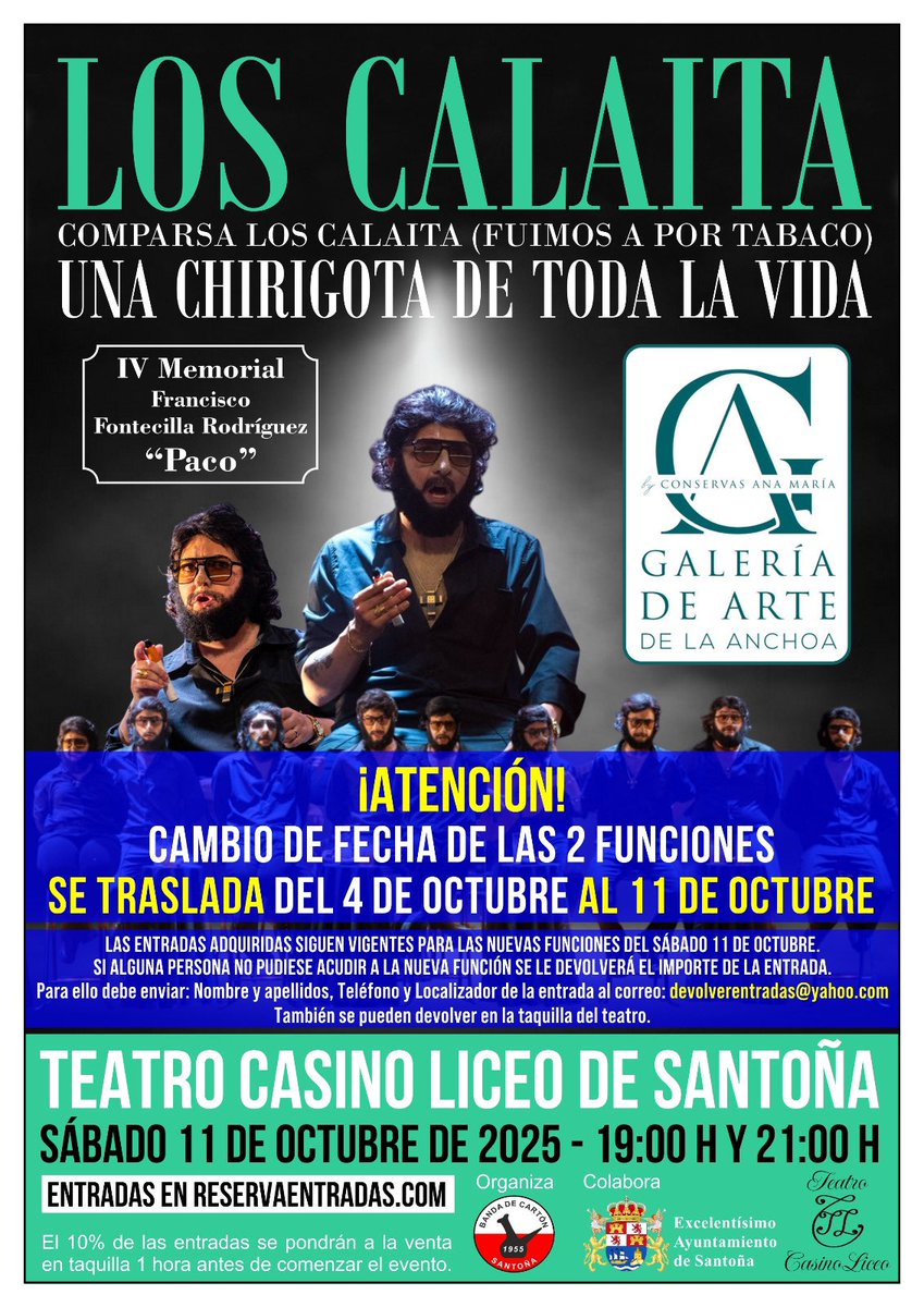 lachiripelu's tweet image. Sábado 11/10 ~ 𝐒𝐚𝐧𝐭𝐨ñ𝐚 🎭

Finalmente nos vemos el día 11 de octubre, Santoña 😍

📍 𝐓𝐞𝐚𝐭𝐫𝐨 𝐂𝐚𝐬𝐢𝐧𝐨 𝐋𝐢𝐜𝐞𝐨 (𝐒𝐚𝐧𝐭𝐨ñ𝐚, 𝐂𝐚𝐧𝐭𝐚𝐛𝐫𝐢𝐚)
⏰ 𝟏𝟗:𝟎𝟎 &amp;amp; 𝟐𝟏:𝟎𝟎 (𝐃𝐨𝐛𝐥𝐞 𝐟𝐮𝐧𝐜𝐢ó𝐧)

#𝕃𝕠𝕤ℂ𝕒𝕝𝕒í𝕥𝕒 #𝕊𝕒𝕟𝕥𝕠ñ𝕒 #ℂ𝕒𝕟𝕥𝕒𝕓𝕣𝕚𝕒