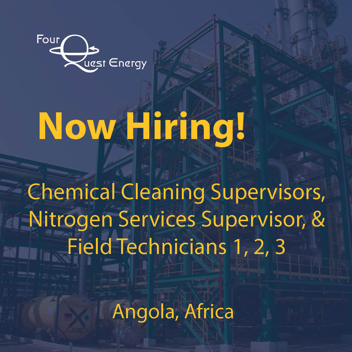 FourQuestEnergy's tweet photo. We are expanding our operations in Africa and are looking for talented professionals to join our team:

🔹 Chemical Cleaning Supervisors
🔹 Nitrogen Supervisors
🔹 Field Technicians (Levels 1, 2, &amp; 3)

📩 Apply now at: https://t.co/p5OUIml4Ju https://t.co/3zegkZJhFb