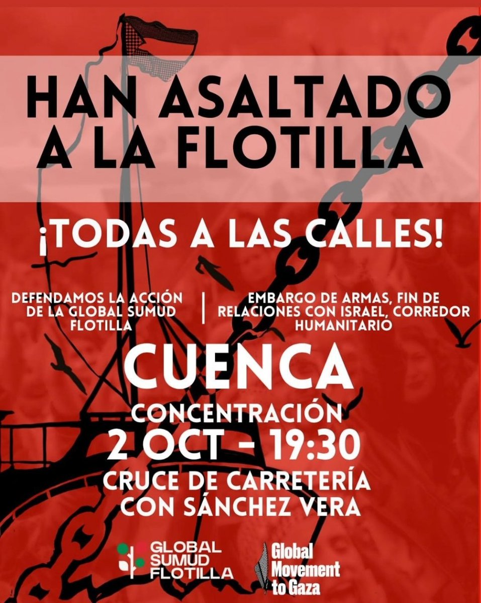 ‼️Concentraciones esta tarde ante el secuestro de la flotilla

🚩 Albacete
🚩 Almansa
🚩 Villarrobledo
🚩 Cuenca

¡Ni un respiro a los genocidas!