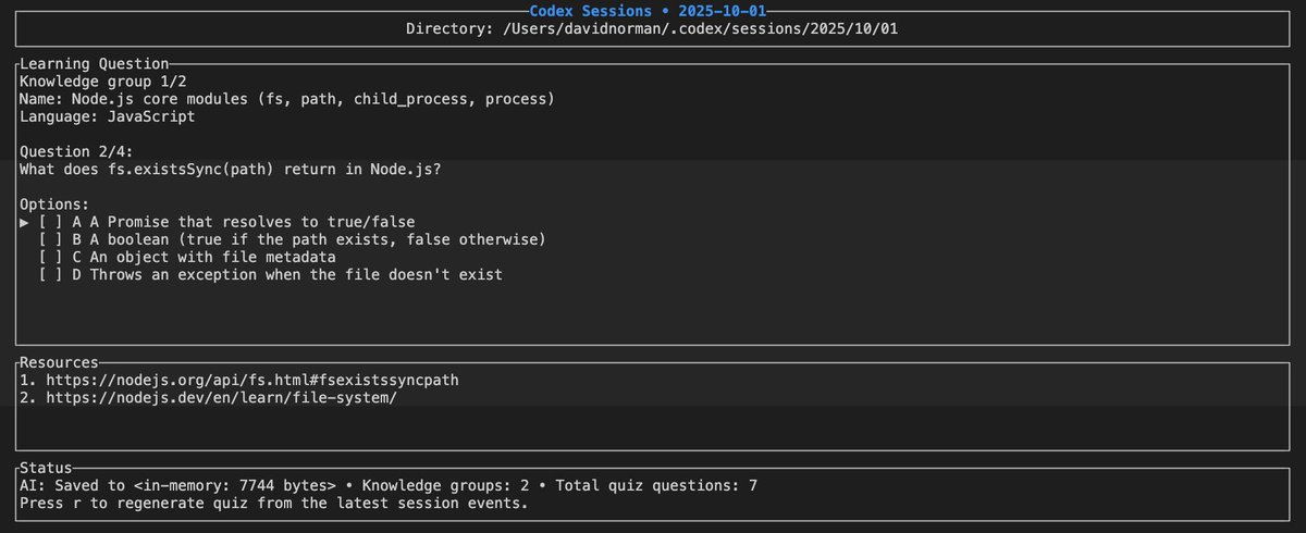 hypercatcher's tweet image. Just open sourced a vibe coding companion TUI that can quiz you on your latest vibe coding session so you can learn while you vibe.
Fully Open Source and open to feature requests or PRs!
github.com/normand1/learn…