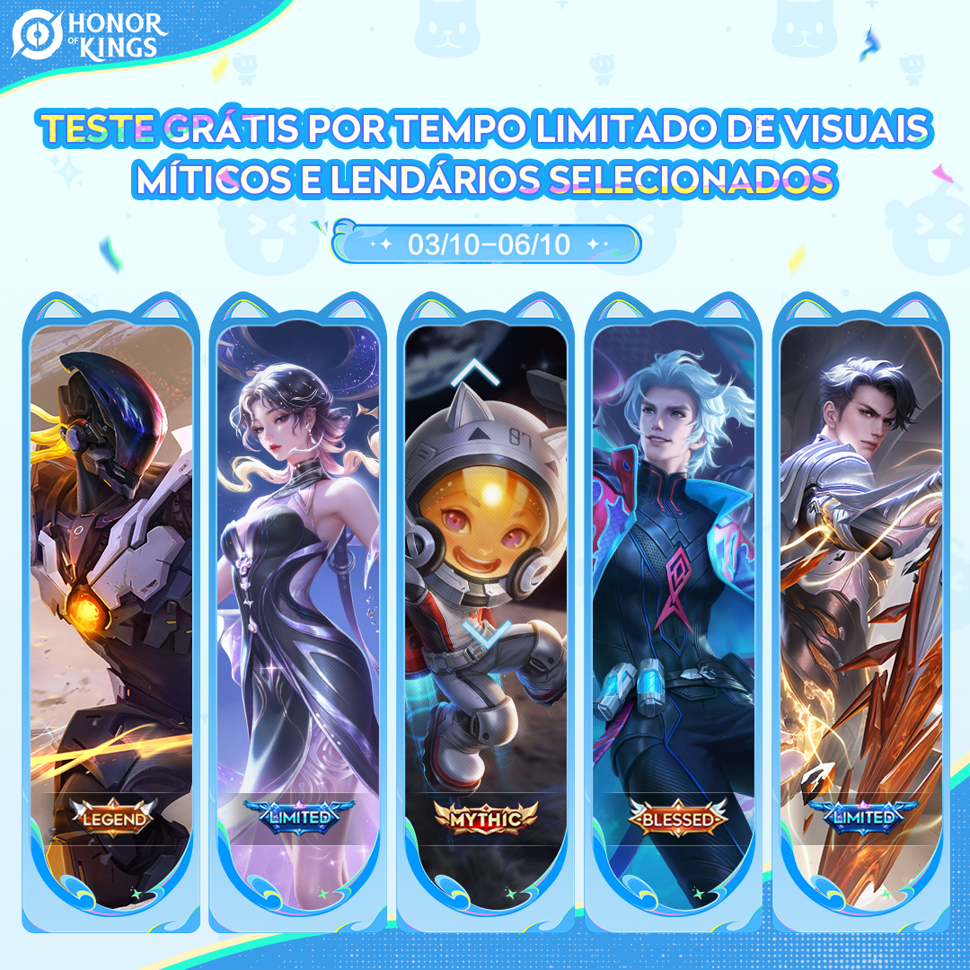 🎉 Novo fim de semana, novos visuais gratuitos para experimentar! 
Confira quais preparamos para você desta vez! 
🔥 Lembre-se de fazer login entre 3 e 6 de outubro para experimentá-las!

#HonorofKings #HOK #HOKThrilling