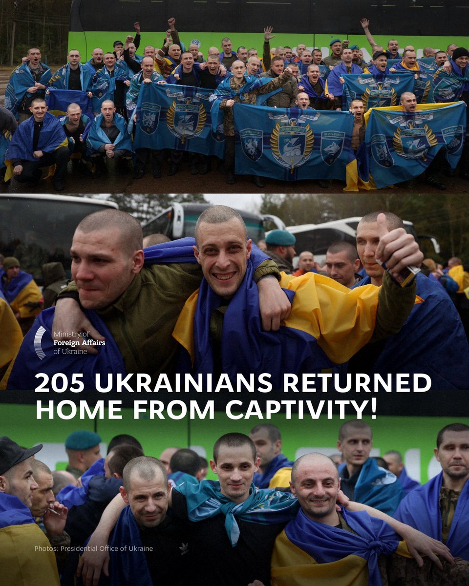 MFA_Ukraine's tweet photo. Today, 205 Ukrainians finally returned home from Russian captivity. Among them: 183 soldiers and 2 officers of the Armed Forces, National Guard, and Border Guard Service – as well as 20 civilians. Each of them will receive the support they need.

Many of these defenders endured captivity since 2022. They stood in Mariupol, Chornobyl, and other places, and now, after years of waiting, they are back.

Since the start of Russia’s full-scale invasion, Ukraine has returned more than 7,000 Ukrainians from Russian captivity. Our gratitude goes to everyone who makes these exchanges possible!

We will not stop until every single one returns.