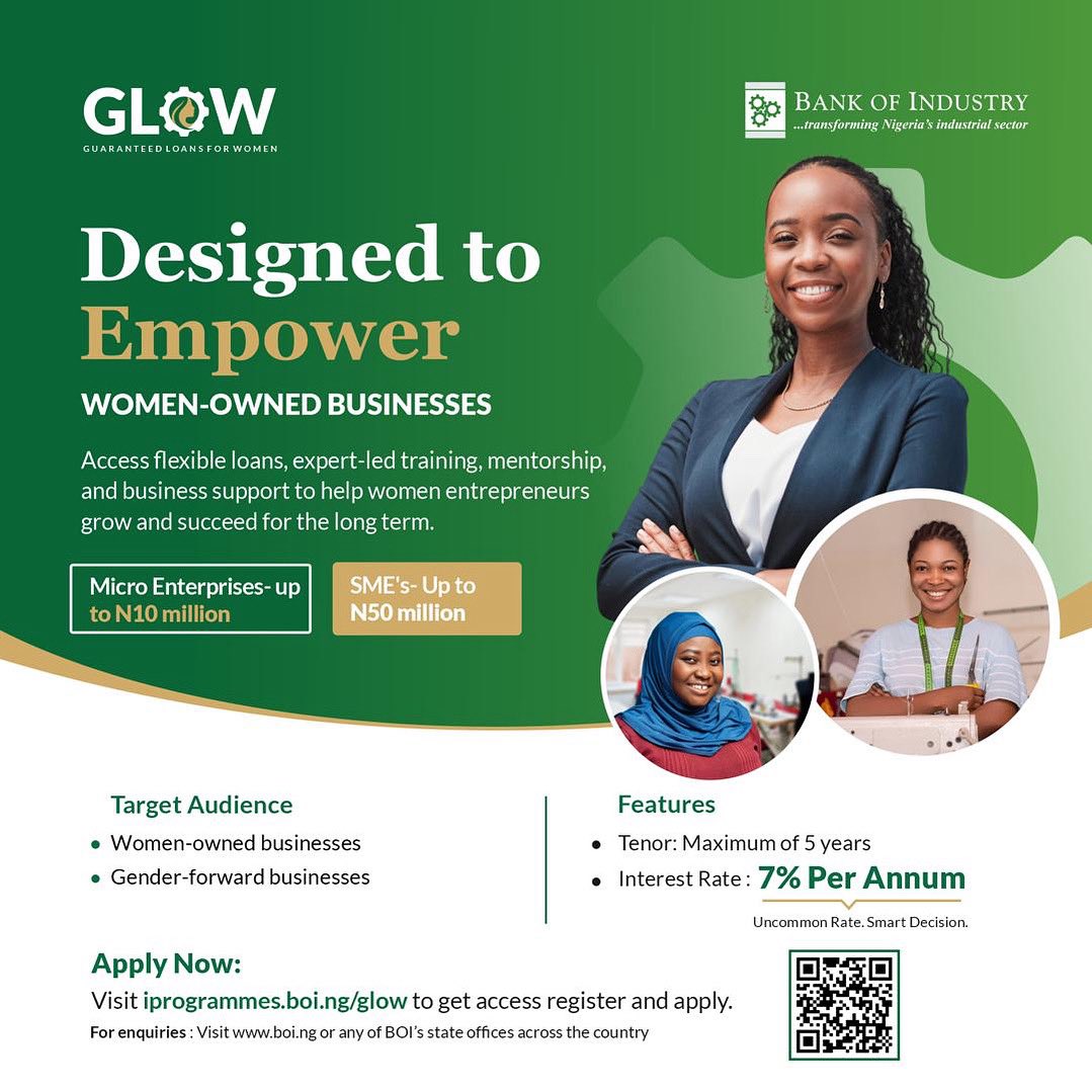BOINigeria's tweet photo. Women entrepreneurs, it’s your time to #GLOW. Guaranteed Loans for Women. Accessible financing. Real growth.

Apply here: https://t.co/zp3PCDOC45

#WomeninBusiness #ThisisBOI #BOIEmpowersHere https://t.co/RBpgmJDGig