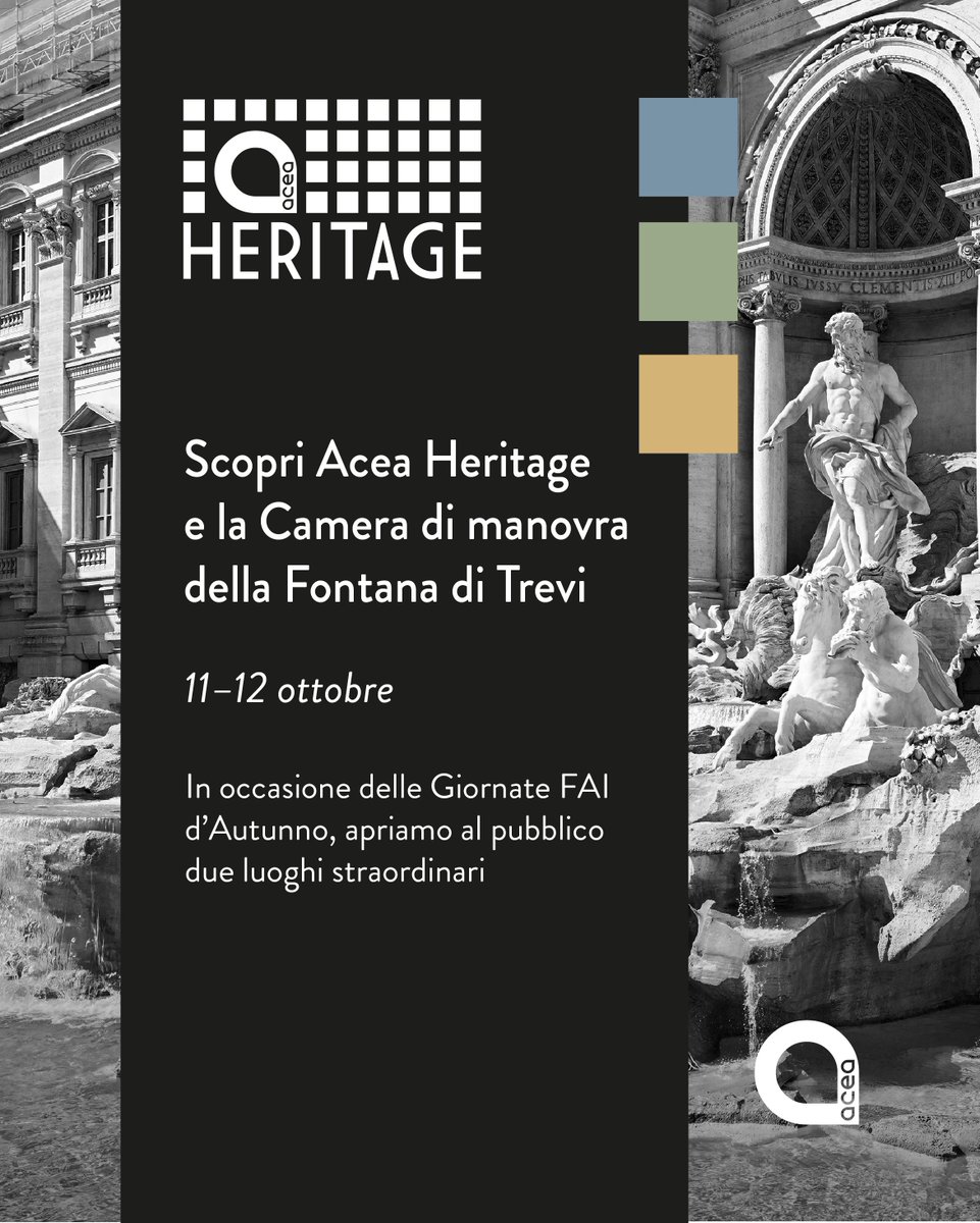 In occasione delle Giornate FAI d’Autunno apriamo le porte di due luoghi straordinari.

Sabato 11 e domenica 12 ottobre potrai visitare il Museo Acea Heritage, allestito nel Salone del Pubblico della storica sede di Piazzale Ostiense. Un percorso espositivo che ripercorre oltre