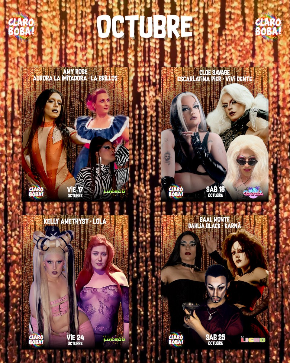 OCTUBRE! 🎃

Preparaos porque vienen curvas! Menudo mes nos espera lleno de música, risas y drag!!!

Del burlesque de Venedita, a la full experience darks de Baal, Dahlia y Karnä, pasando por travestis saltarinas, transformistas y payasas. Un circo y de los buenos!! 🎪🤡 Apuntaa!