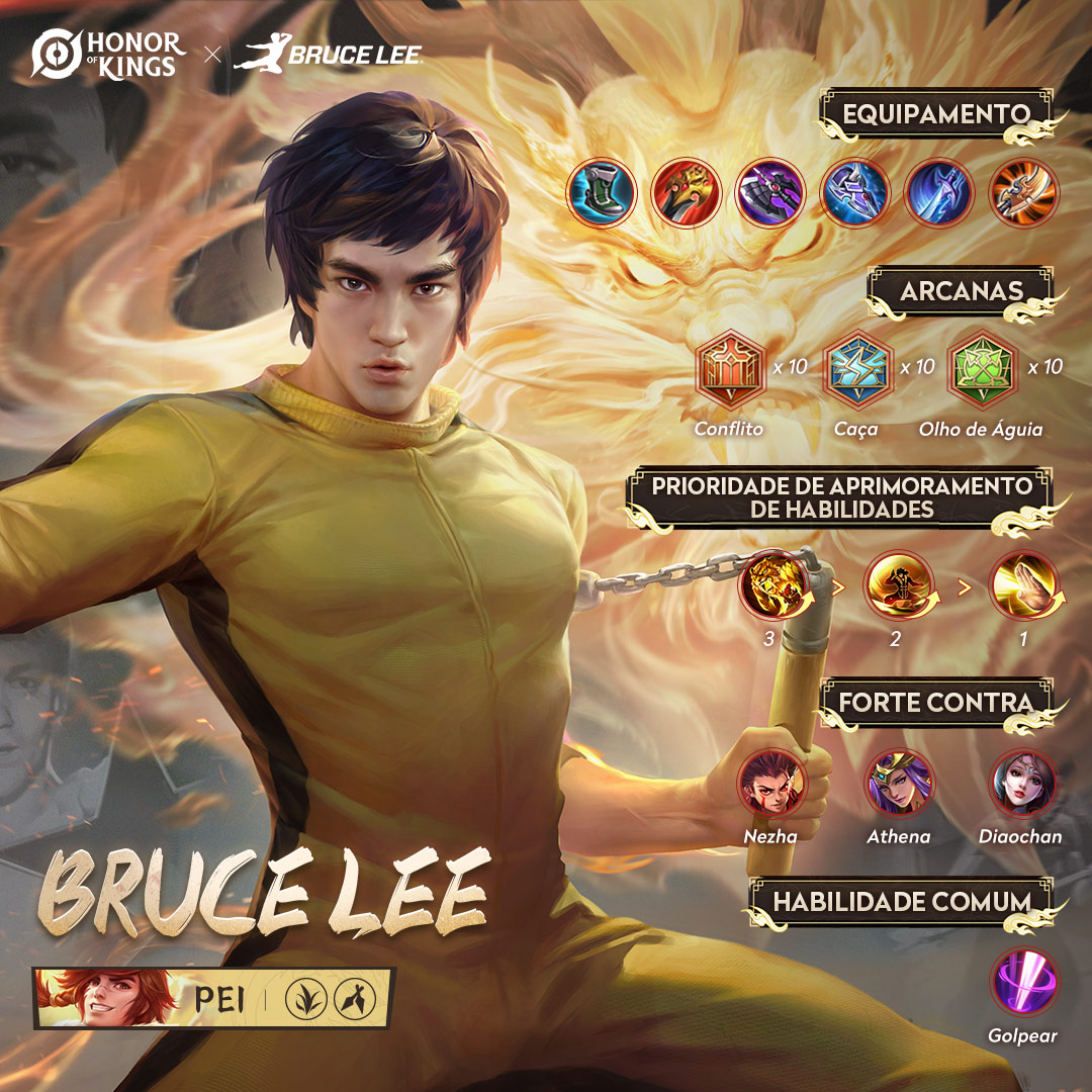 “A colaboração entre Bruce Lee e Honor of Kings está aqui!
Herdem as artes marciais, reivindiquem a glória!"

Transformem-se em “O Descendente do Dragão” Bruce Lee e roubem a cena!
Não percam este manual secreto exclusivo!

#HOK #Honorofkings #Brucelee
