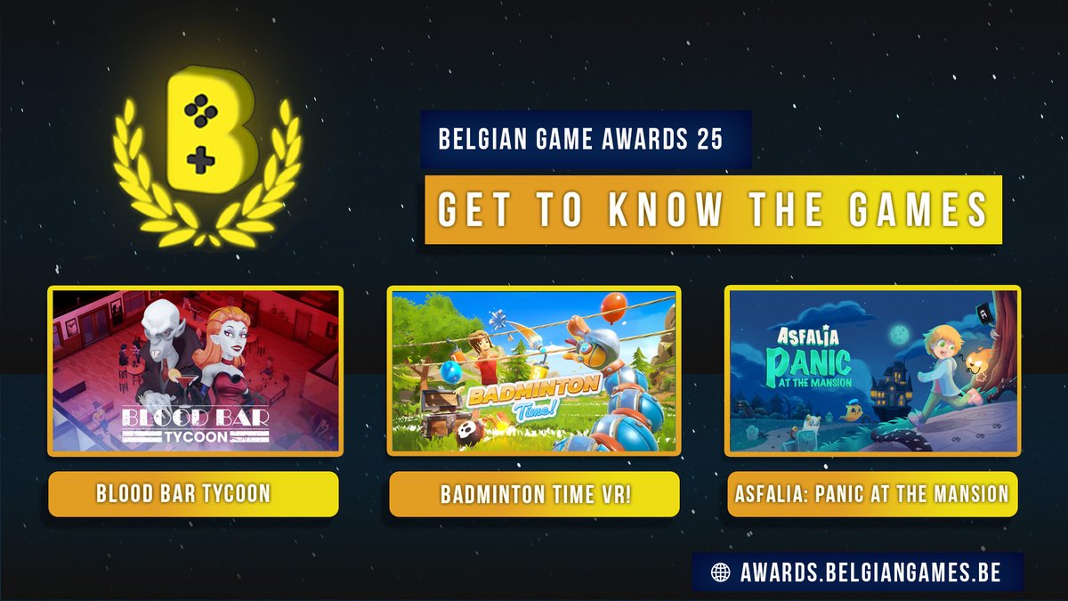 Here are three more games that have submitted for this year's Belgian Game Awards! #BGA25 

🖤Blood Bar Tycoon by <a href="/CleverTrickstR/">Clever Trickster | Tycoon fan ➡ Check Bio 👇</a> 
💛 Badminton Time VR! by <a href="/FishingCactus/">Fishing Cactus</a> 
❤️Asfalia: Panic At the Mansion by <a href="/funtomata/">Funtomata</a> 

More info on each game: awards.belgiangames.be