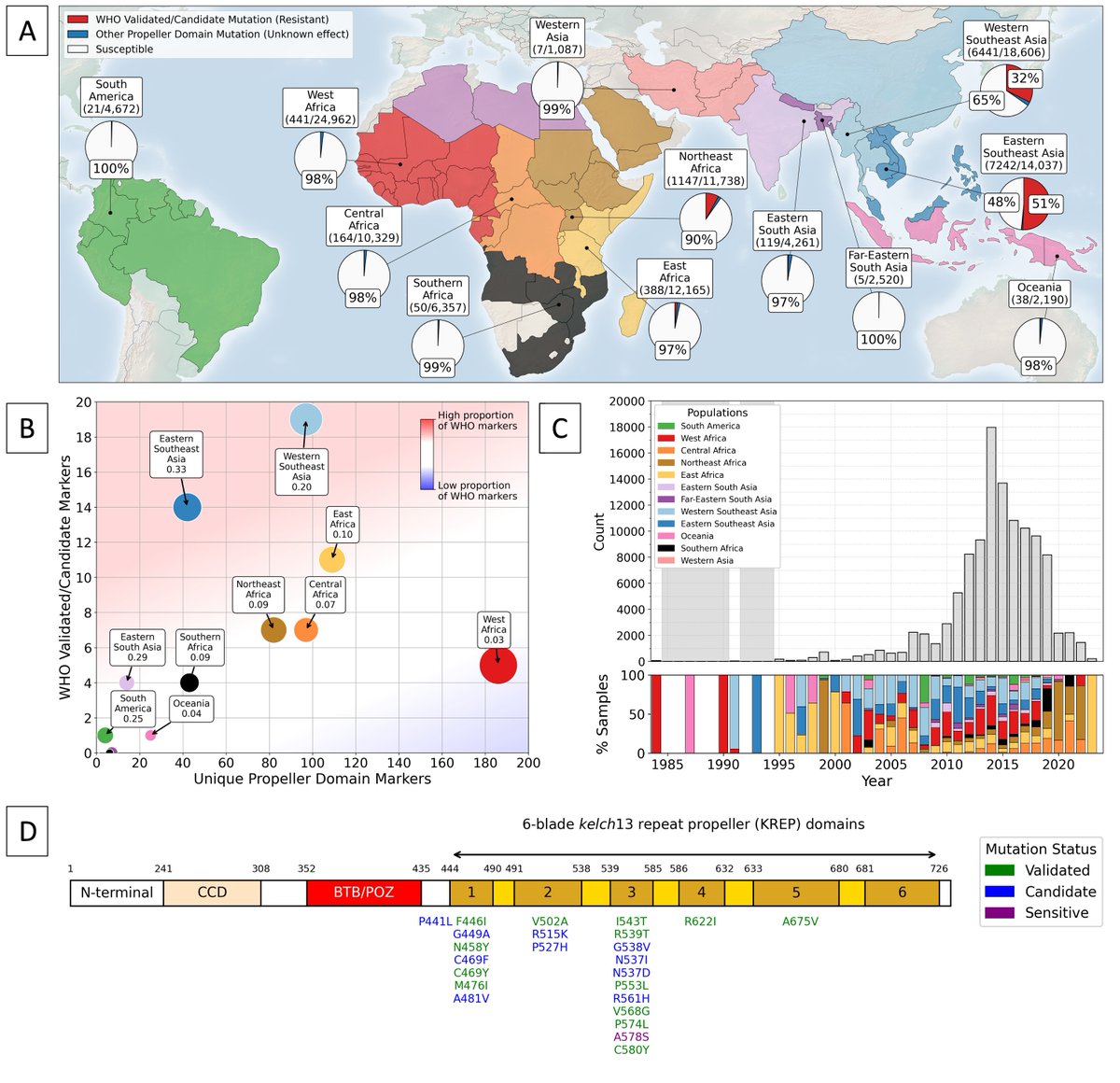 Quackscience's tweet image. 🚨 New paper in eLife!

We analysed &amp;gt;100k malaria parasite samples to track the rise of artemisinin resistance.

Resistance is now emerging in Africa, echoing SE Asia 10–15 yrs ago.

Genomic surveillance is key to staying one step ahead!

elifesciences.org/articles/10554…