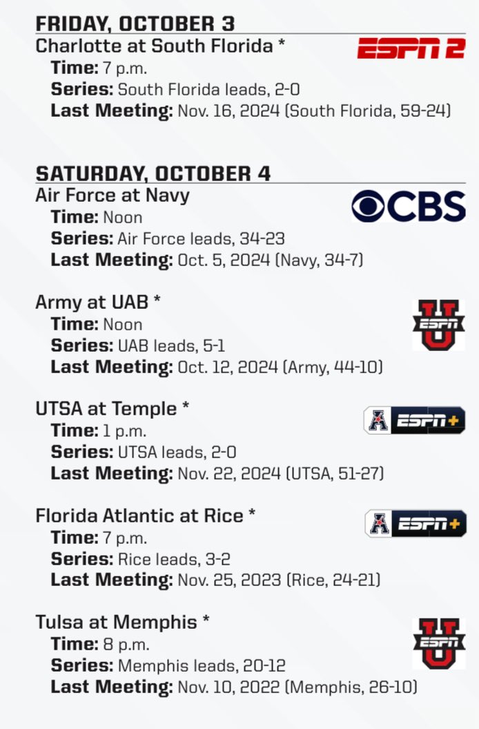 Week 6 American Conference schedule