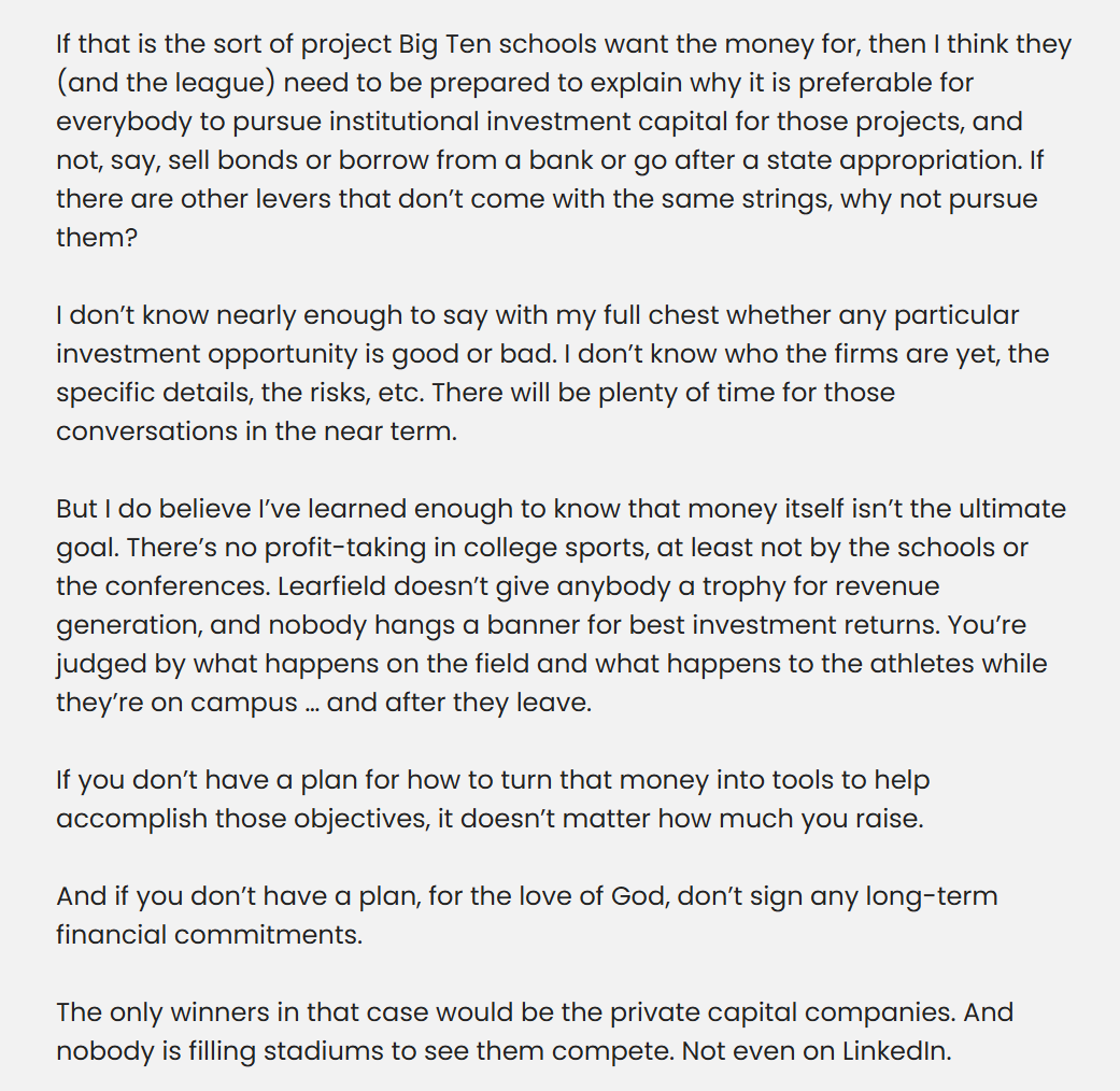 MattBrownEP's tweet photo. Whenever anybody in college sports talks about revenue generation...be that private equity, capital, new sponsorships, raising ticket prices, etc....I think we (fans and reporters) need to push more on WHY and for WHAT.

Money isn't the end goal. 
https://t.co/PXCgLEKPMB https://t.co/MjH1A06zIC