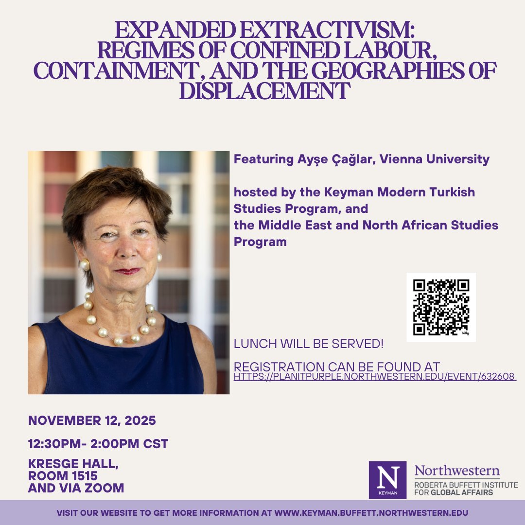 Join KMTS and MENA for a talk with Ayşe Çağlar, Vienna University, on Nov. 12, from 12:30-2:00PM in Kresge, RM 1515 and via Zoom, titled Expanded Extractivism: Regimes of Confined Labour, Containment, and the Geographies of Displacement.