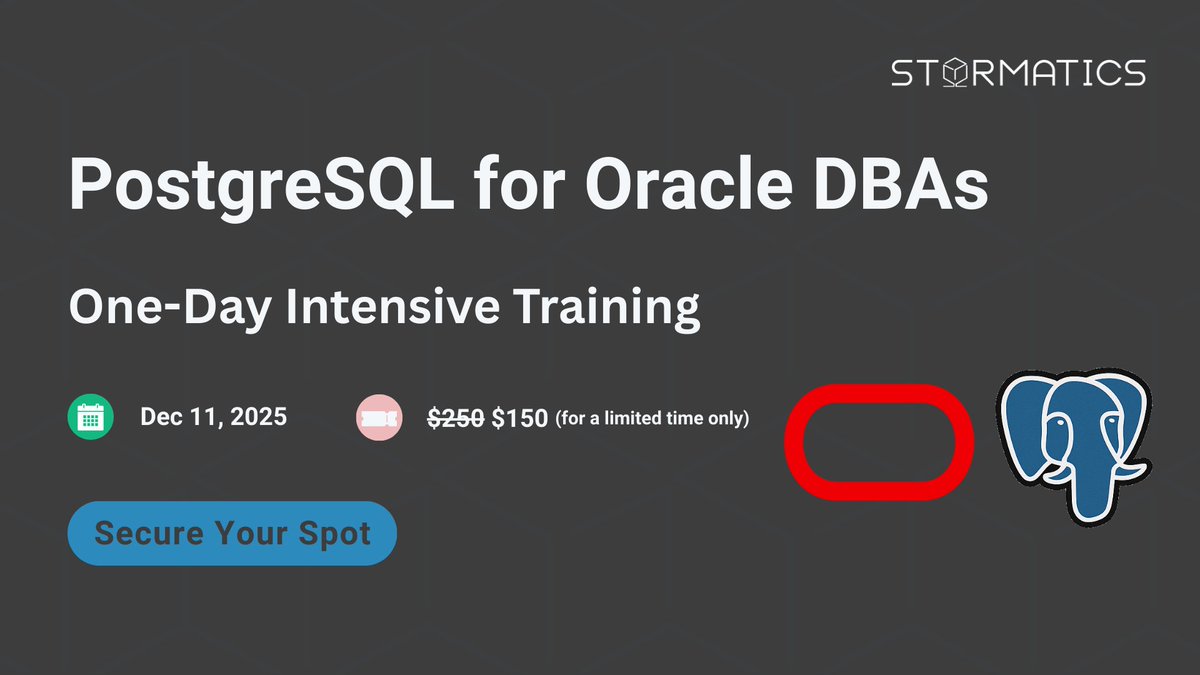 Back by demand! One-Day Intensive PostgreSQL Training for Oracle DBAs on Dec 11. Learn Postgres architecture, storage, replication &amp; more. Hands-on, Oracle-focused. Limited pricing $150. 

Secure your spot na2.hubs.ly/H01ntxl0