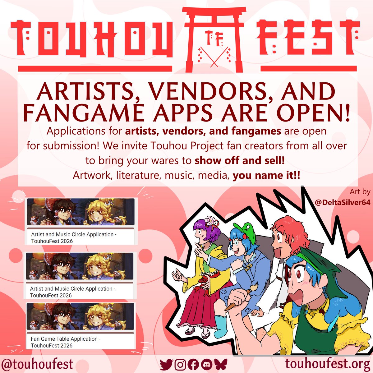 Good morning, TouhouFest here! We have an announcement- artist alley, vendor, and fangame table applications are now open for TouhouFest 2026! 

Register today on our website! Open until November 30th, 2025.
touhoufest.org/applications

#touhouproject #touhoufest2026 #東方フェス