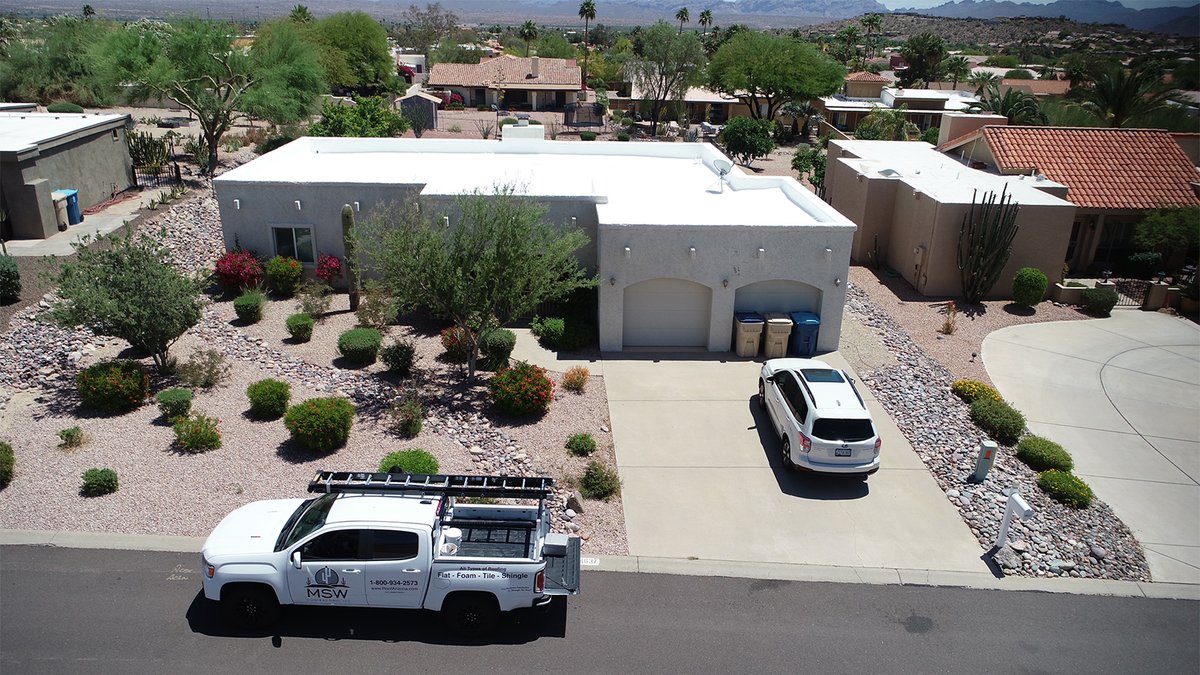 RoofArizona's tweet photo. MSW Contracting, LLC recently finished installing a new seamless foam roof on a home in Fountain Hills AZ. See the results of this roof replacement project here: https://t.co/iMdkFUBpaq #msw #mswcontracting #roofinstall #roofinstallation #foamroof #foamroofing #fountainhills https://t.co/hK1TLpnFu7