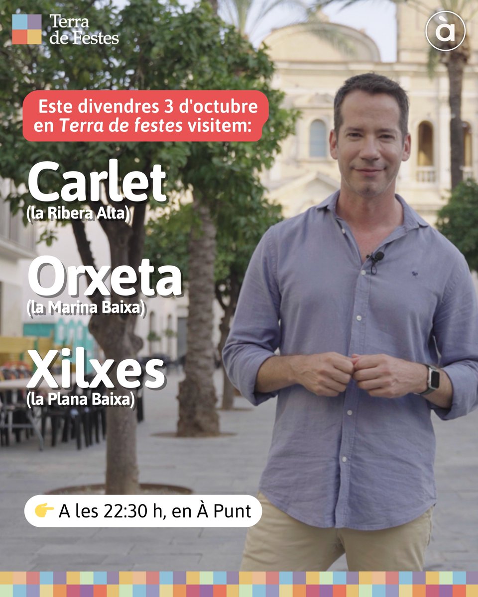 📺 <a href="/terradefestes/">Terra De Festes</a> , el programa impulsat per À Punt, la <a href="/fvmpendirecto/">FVMP</a> i presidència de la <a href="/generalitat/">Generalitat</a>, visita esta setmana les festes de Carlet, Orxeta i Xilxes.

📎 Més detalls, ací:
apuntmedia.es/sala-de-premsa…