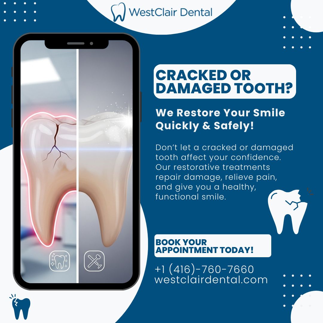 westclairD's tweet photo. 🦷 Cracked or damaged tooth? We restore your smile quickly &amp; safely!
Don’t let dental issues affect your confidence. Our restorative treatments repair damage, relieve pain, and give you a healthy, functional smile.
📞 +1 416-760-7660
🌐 https://t.co/WImZdQ2YdU
#DentalRestoration https://t.co/FHLoFWmYFp