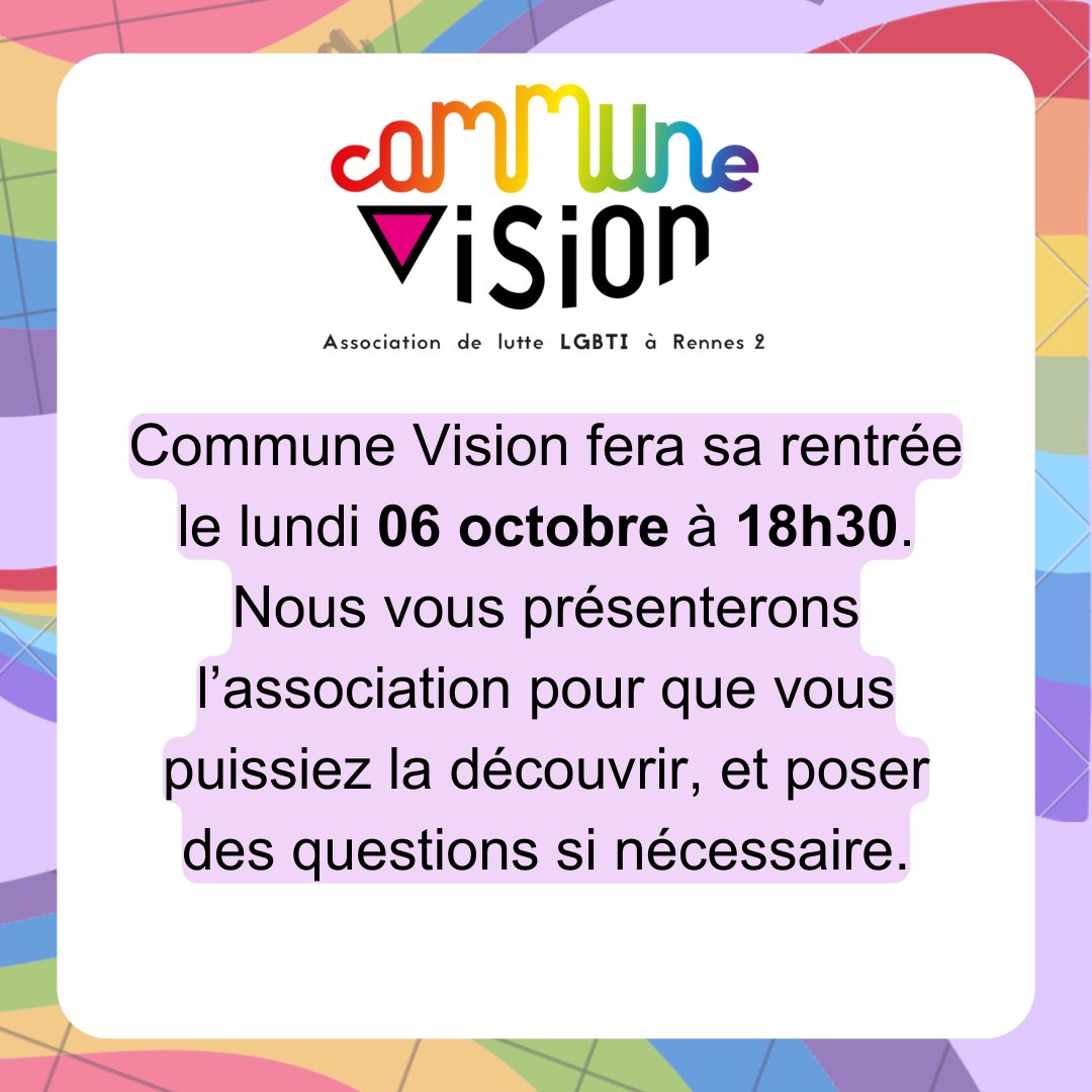 CommuneVision's tweet photo. Bientôt aura lieu la réunion de rentée de l'association LGBTI+ de Rennes 2 ! N'hésitez pas à passer, il y aura un goûter, des tracts divers et des protections sexuelles en libre service.
La salle de réunion suivra bientôt ! https://t.co/P2MUVE3Q46