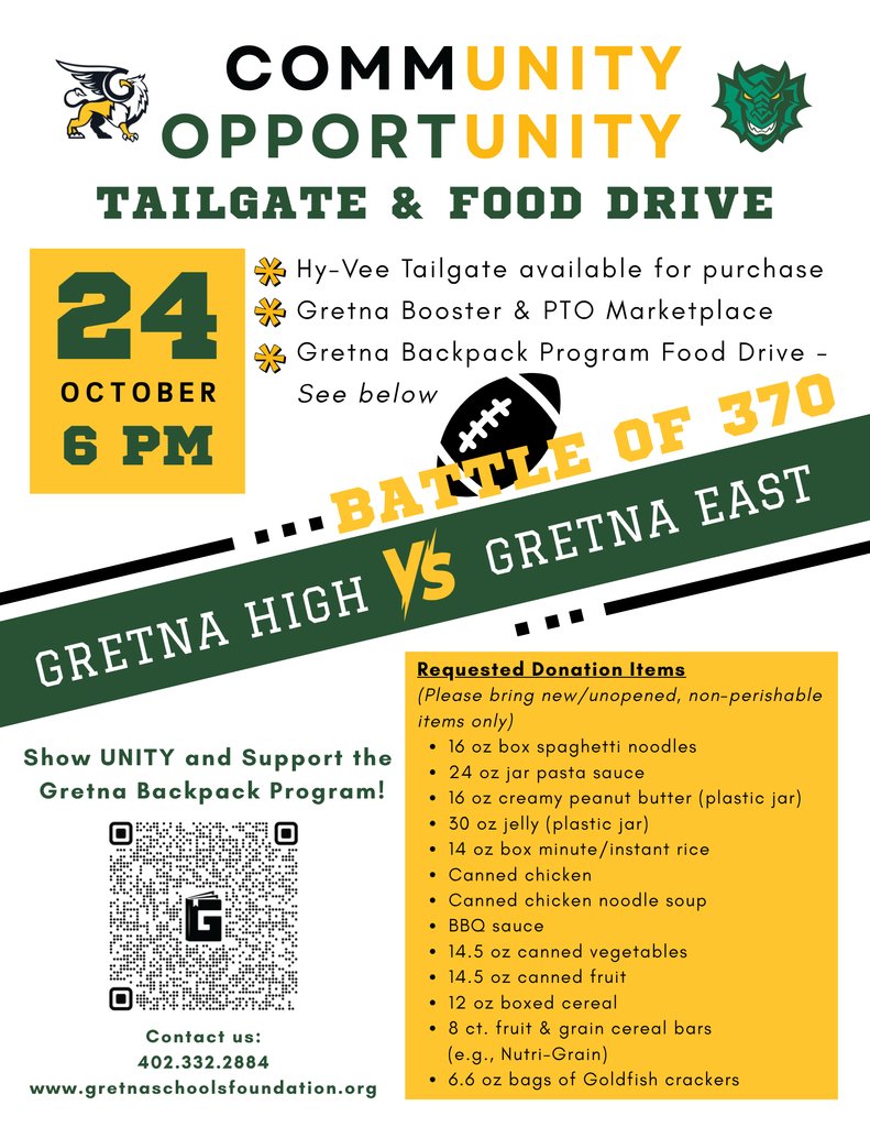 Community Opportunity Tailgate &amp; Food Drive
Date: October 24 | Time: 6 PM
Hy-Vee tailgate available for purchase!
Come hang out, enjoy some food, and support the Gretna Backpack Program. Make an impact in our community!
#GretnaBackpack #CommunityUnity #BeGretnaGreat