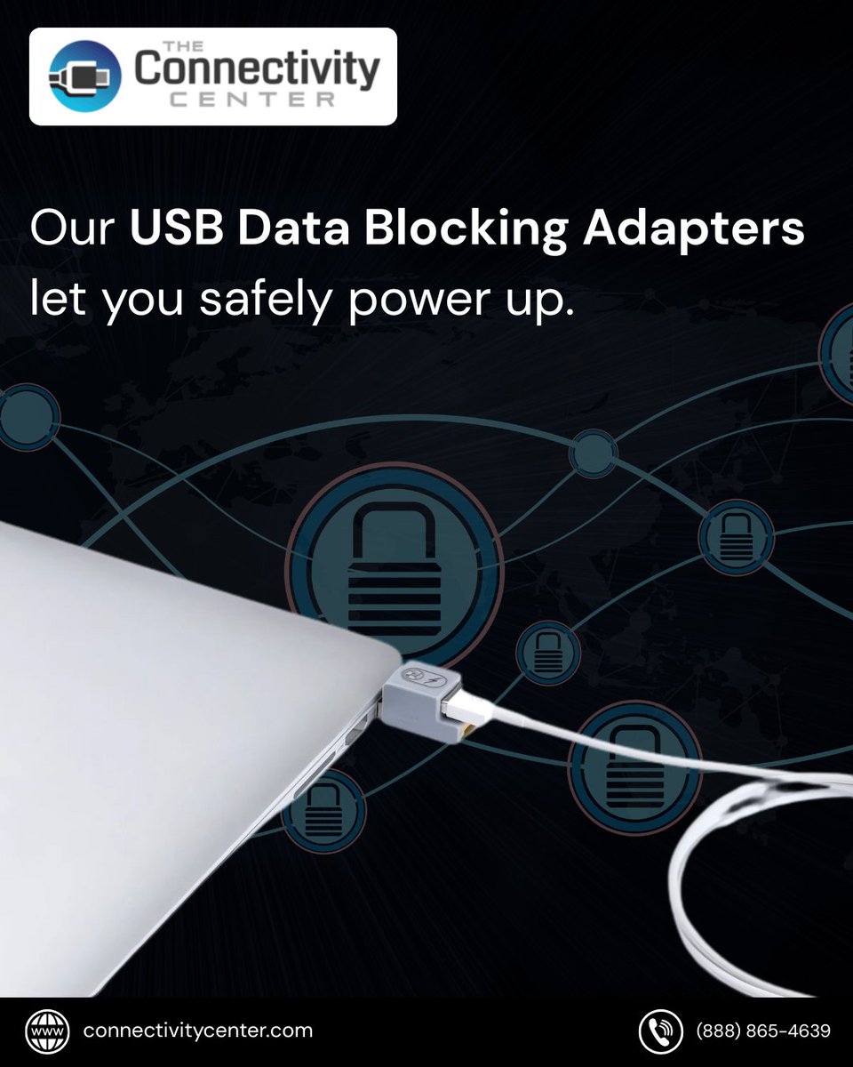 Charge anywhere, worry-free! 
Our USB Data Blocking Adapters let you safely power up. Prevent unwanted data syncing &amp; malware when using untrusted ports for phones or computers. 
Charge smart. Get yours: connectivitycenter.com 
#SafeCharging #TechEssentials #TravelSafety