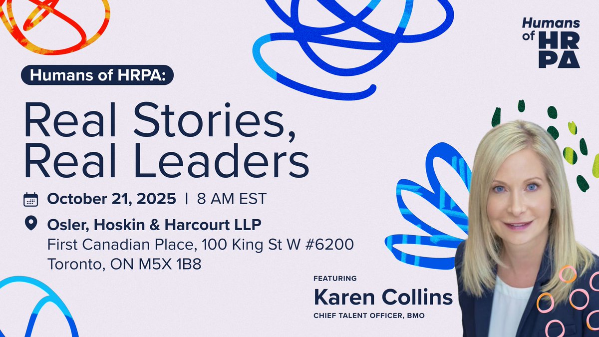 Thrilled to announce Karen Collins, Chief Talent Officer &amp; Head of CHRO Teams at BMO Financial Group, as a speaker at #HumansOfHRPA 🎉
📅 Oct 21 | 8–10 am
📍 Osler, Hoskin &amp; Harcourt LLP
Join us for breakfast + stories that inspire: hubs.la/Q03LJH9r0