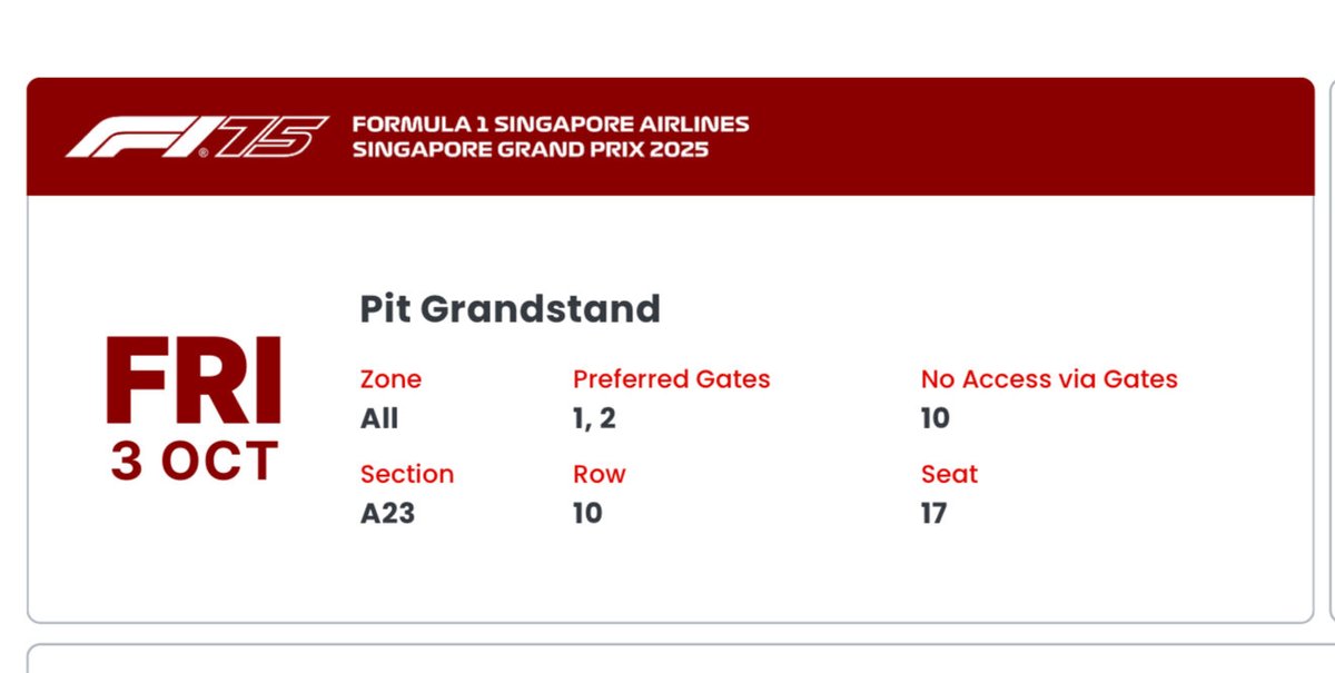 06ofcrows's tweet photo. WTS ticket Singapore Grand Prix Pit Grandstand 
Day 1 ( 3 October 2025 )
#SingaporeGP https://t.co/a8rRAtgjdQ