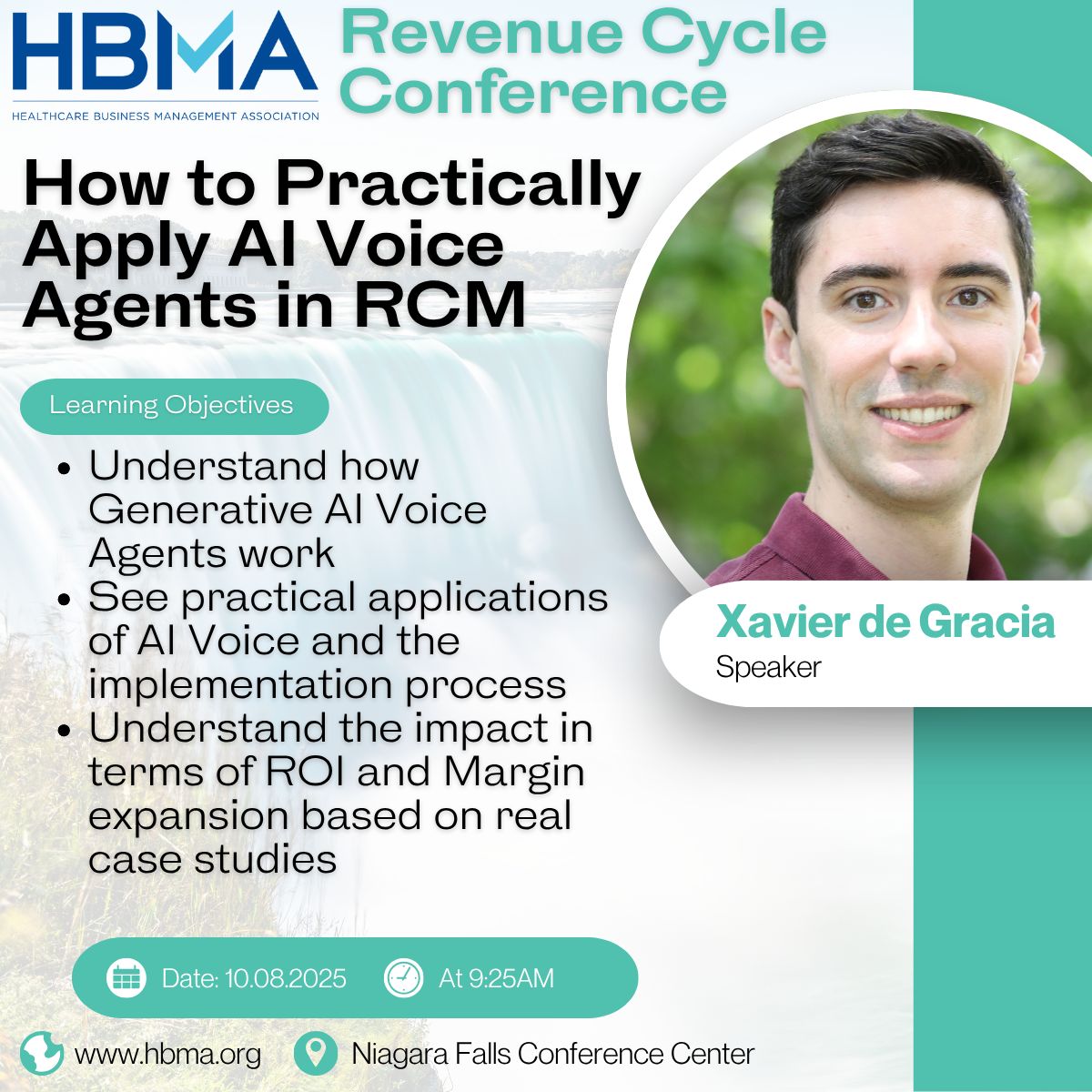 HBMABusiness's tweet photo. Join HBMA for our 2025 Annual Revenue Cycle Fall Conference from October 6-8 as Xavier de Gracia presents “How to Practically Apply AI Voice Agents in RCM.” TO REGISTER: https://t.co/YfrMbPqhPo #HBMA #generativeAIVoiceagents #AI #AIVoiceAgents #AIinRCM https://t.co/3xmRExvScN