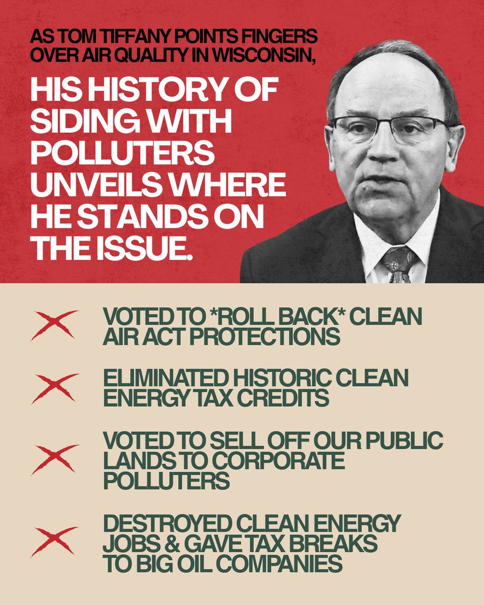 ABetterWis's tweet image. From 1000-year storms to wildfire smoke, Wisconsinites are feeling the impacts of climate change.
But Tom Tiffany has consistently sided with corporate polluters over our communities by gutting clean air protections, selling off our public lands, and slashing clean energy jobs.